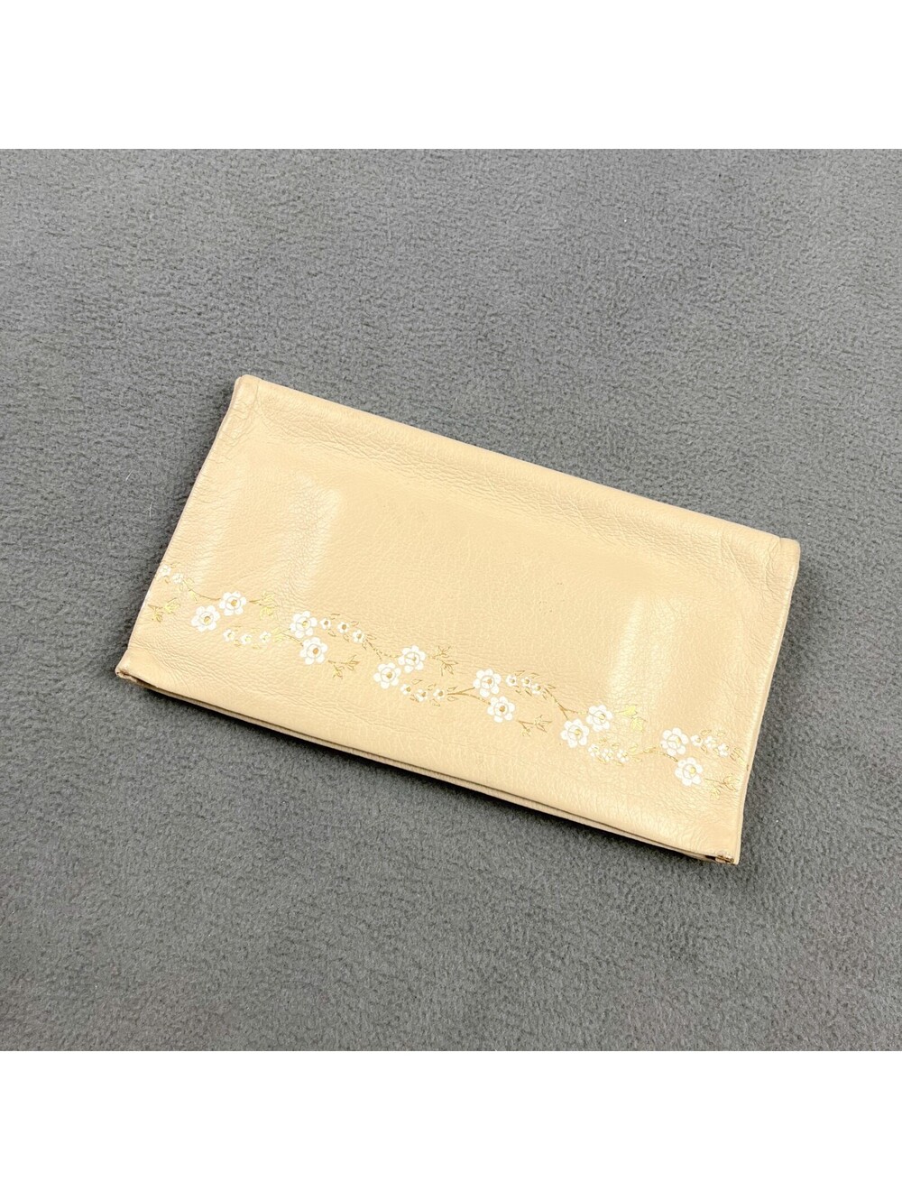 Vintage Soft Leather Clutch, Cream with White & Gold Floral Print